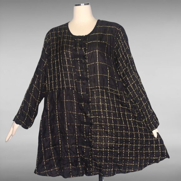URU Black and Gold Silk Tunic Top Dress Button Front Lightweight Long Sleeves XL - Picture 11 of 11